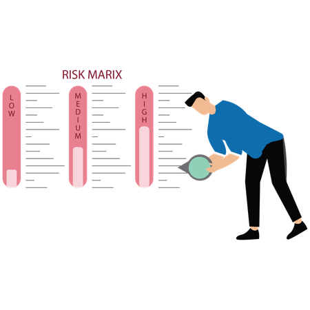 La evaluación de riesgos y la seguridad en el hombre de negocios hacen que el indicador de riesgo sea bajo  Illustration