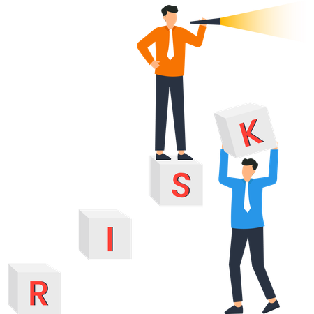 Responsables de l'évaluation des risques d'entreprise avec des cubes télescopiques avec des lettres et une planification stratégique  Illustration