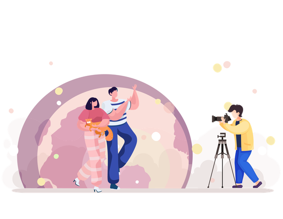 Evening photo session of the couple with their pet  Illustration