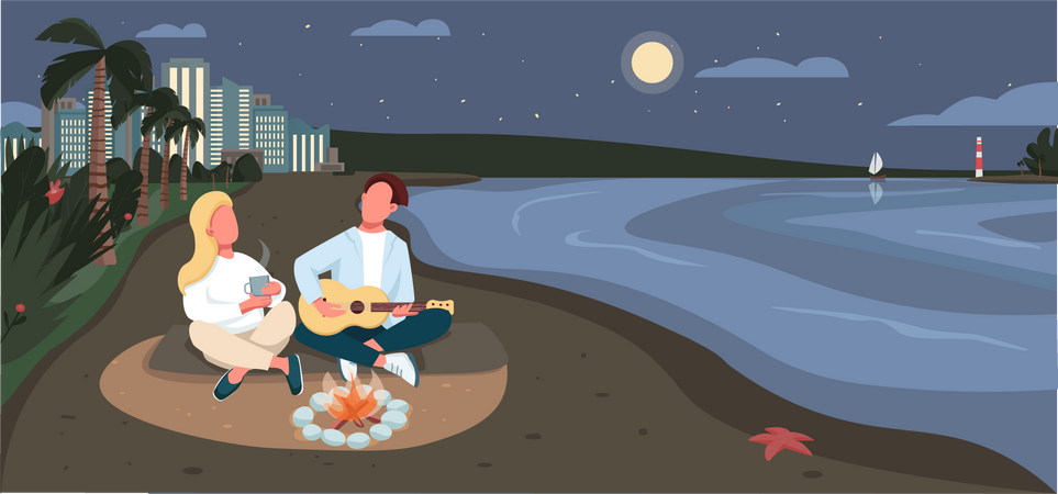 Evening picnic at sandy beach  Illustration