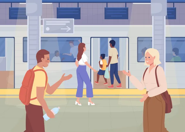 Everyday Life At Subway Station Flat Color Vector Illustration Mass Rapid Transit Modern Urban Lifestyle Public Transport 2 D Simple Cartoon Characters With Cityscape On Background Illustration
