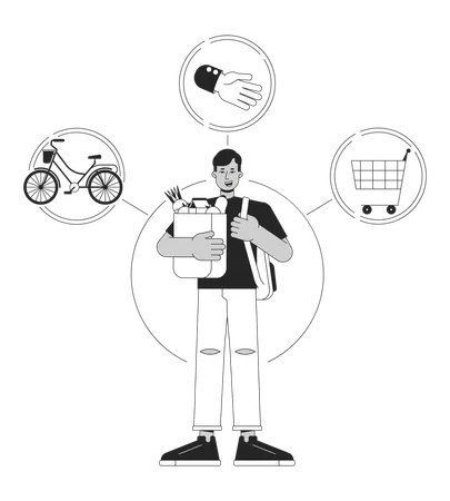 Everyman Person Archetype Bw Concept Vector Spot Illustration Man With Backpack And Grocery Bag 2 D Cartoon Flat Line Monochromatic Character For Web UI Design Editable Isolated Outline Hero Image Illustration