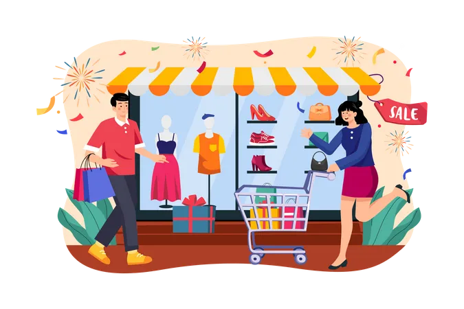 Everyone Happy New Year's Eve Shopping  Illustration