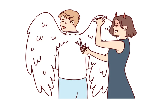 Evil girl cut wings of man Illustration