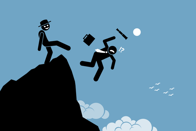 Evil man kicking down his business partner from the top of the hill  Illustration