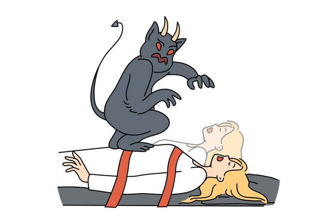 Evil monster steals soul of sleeping and bound woman who needs protection from fairytale devil  Illustration