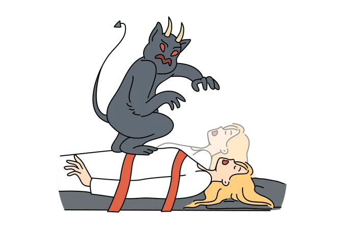 Evil Monster Steals Soul Of Sleeping Bound Woman Who Needs Protection From Fairytale Devil Nightmare Of Girl Seeing Attack By Horned Devil Trying To Take Possession Of Soul Of Own Victim Illustration