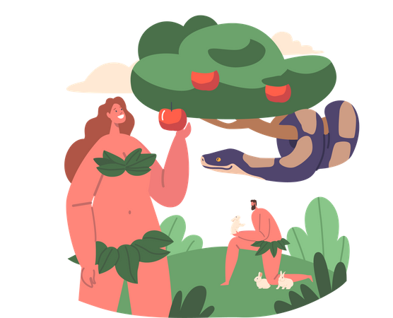 Evil Serpent Deceive And Tempt Eve Into Eating Fruit From Forbidden Tree  Illustration