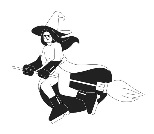 Evil Witch On Broom Monochromatic Flat Vector Character Editable Full Body Enchantress With Long Silver Hair And Green Skin On White Simple Bw Cartoon Spot Image For Web Graphic Design Illustration