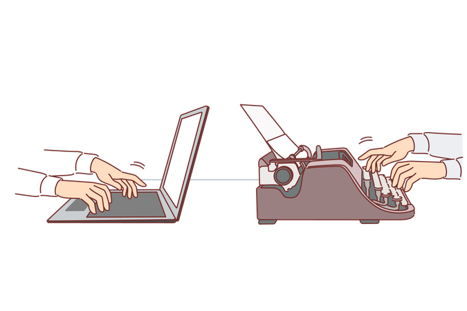 Evolução da velha máquina de escrever transformada em laptop moderno graças ao desenvolvimento da tecnologia  Ilustração