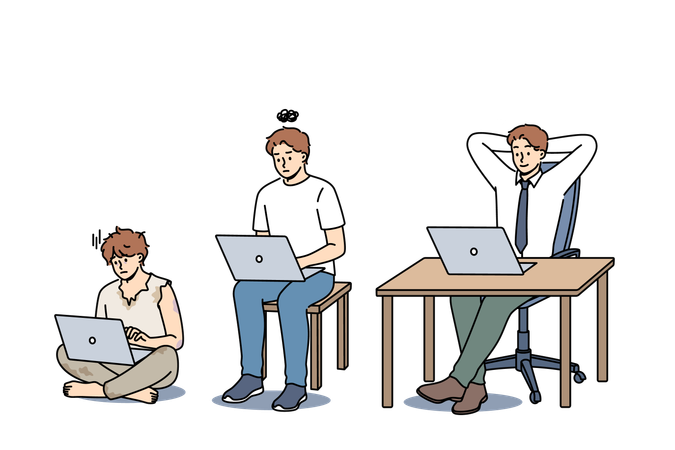 Evolution de l'homme travaillant dans un bureau  Illustration