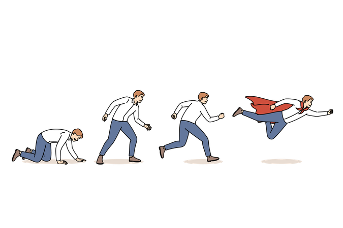 Evolution of businessman turning into leader and superhero  Illustration