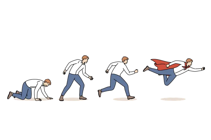 Evolution of businessman turning into leader and superhero  Illustration