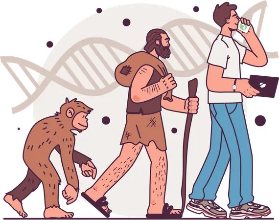 Evolutionary development from cell to modern man with smartphone  Illustration