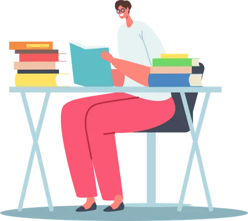 Young Woman Holding Book Sitting At Desk Prepare To Examination Or Make Homework Student Girl Character Reading Learning Education In University Or College Concept Cartoon Vector Illustration Illustration