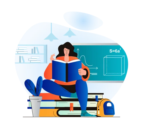 Education Concept In Modern Flat Design Woman Is Reading Book Pupil Studies From Textbook Does Her Homework In Library Student Learning At School College Or University Vector Illustration Illustration