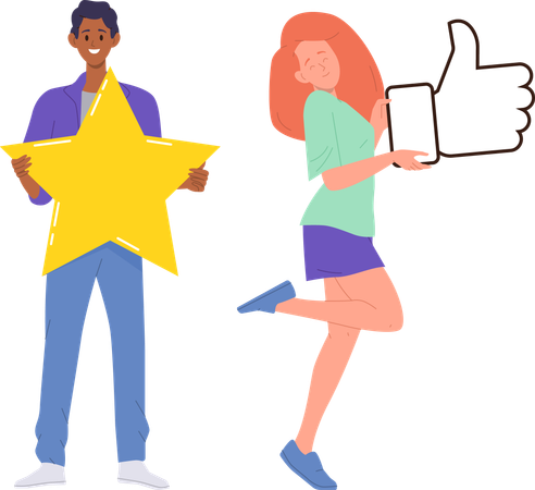 Examen d'utilisateurs satisfaits avec un homme tenant une étoile et une femme portant le pouce levé  Illustration