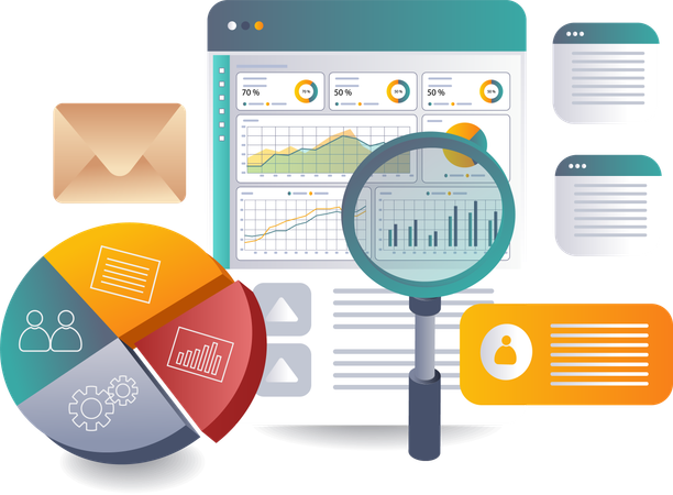 Examinar el progreso empresarial en línea con conocimientos de datos  Ilustración