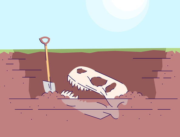 Excavación del cráneo de dinosaurio  Ilustración