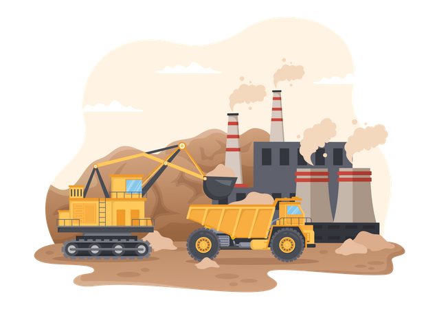 Excavating crane filling dumper truck Illustration