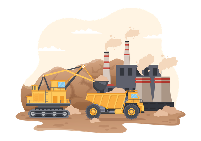 Excavating crane filling dumper truck  Illustration