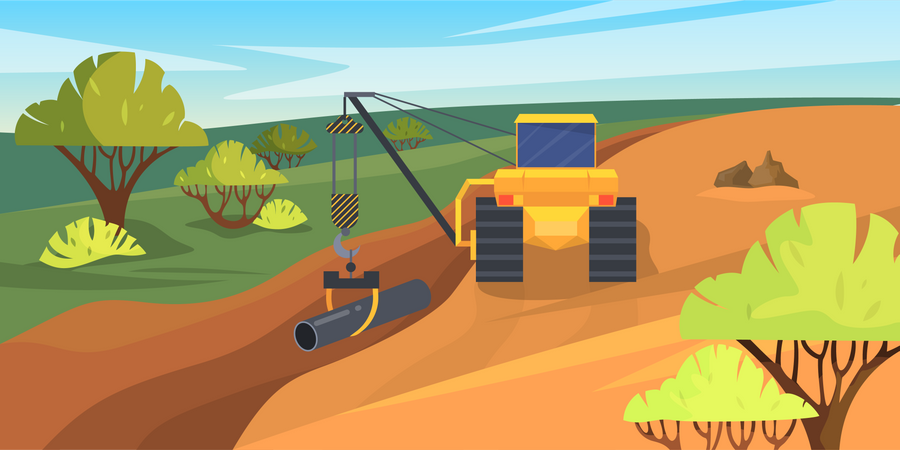 Excavator laying pipe in the ground Illustration