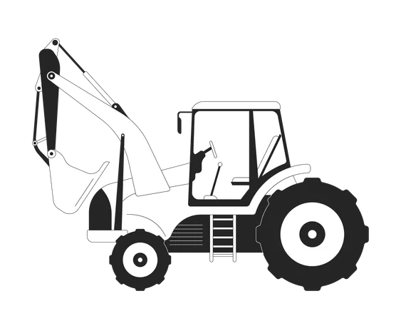 Excavator side view black and white 2D line object  Illustration