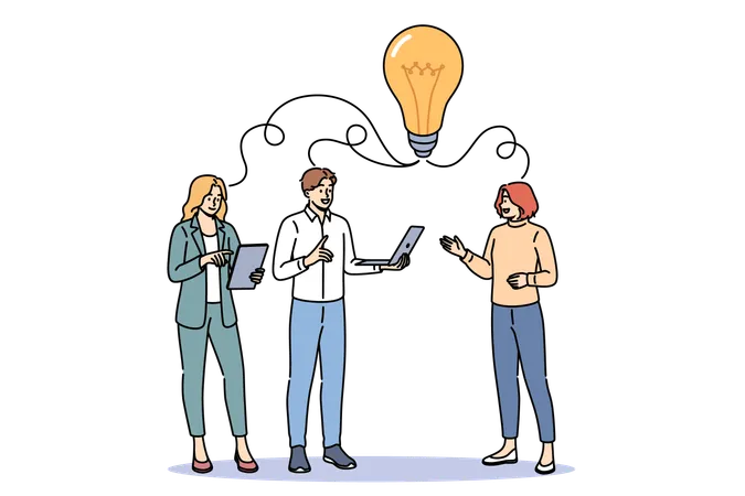 Exchange Of Ideas And Joint Brainstorming Among Business People Developing Plan Standing Under Large Light Bulb Office Workers Brainstorming To Find Way To Attract New Customers For Company Illustration
