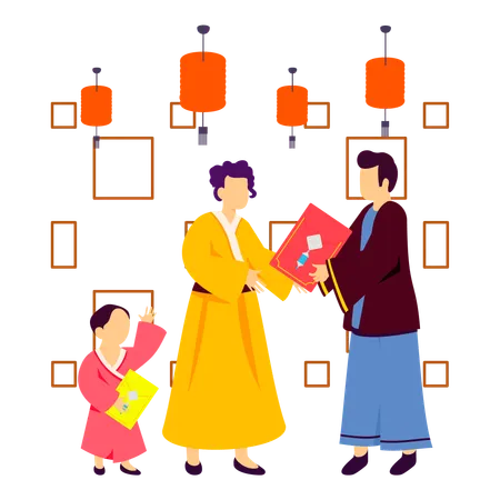 Exchange Red Envelope On Chinese New Year Illustration