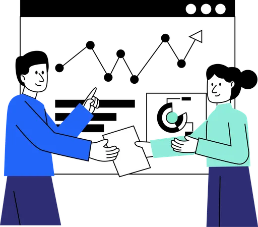Two Professionals Exchange Documents And Ideas In Front Of A Business Chart Highlighting Collaboration And Information Sharing In Corporate Settings Illustration