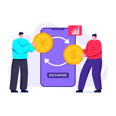 Exchanging currency online through smartphone app  일러스트레이션