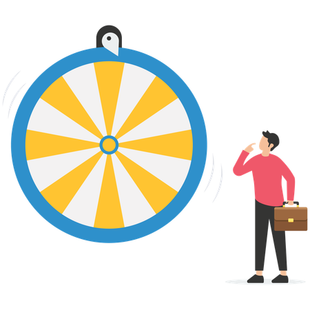 Excite businessman looking at spinning fortune wheel waiting for luck  イラスト
