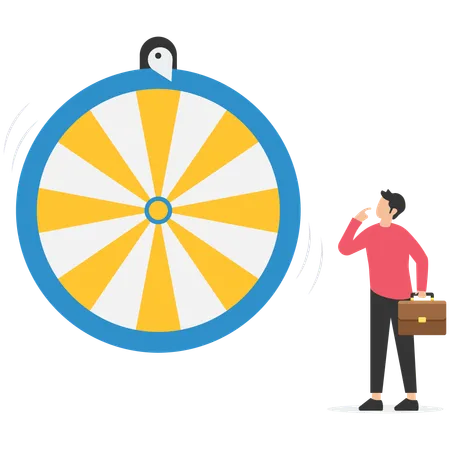 Excite businessman looking at spinning fortune wheel waiting for luck  Illustration