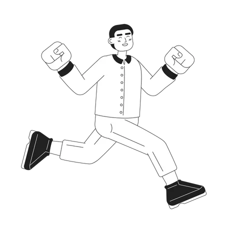 Excited African American Male Jumping Monochromatic Flat Vector Character Celebrating Young Man Editable Thin Line Full Body Person On White Simple Bw Cartoon Spot Image For Web Graphic Design イラスト