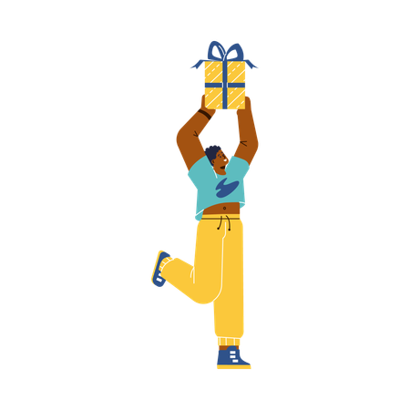 Excited black man raising hands holding gift box with bow  Illustration