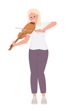 Excited blond woman playing violin with bow  Illustration