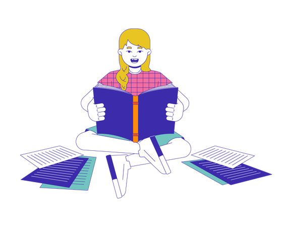 Excited blonde girl reading book  Illustration