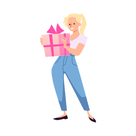 Excited blonde woman holding gift box with bow  Illustration