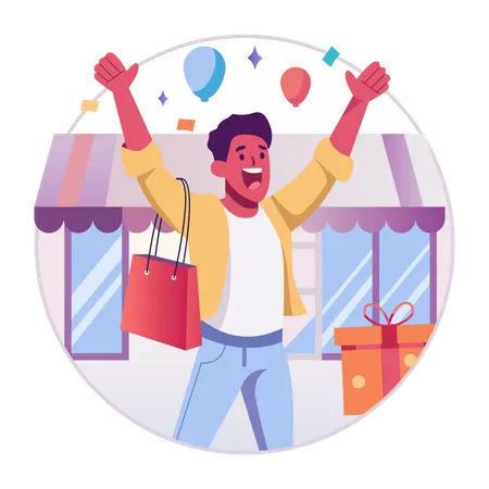 Excited businessman receives shopping gifts  Illustration