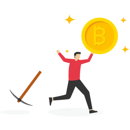 Excited Businessman Successfully Mines Bitcoins Vector Illustration In Flat Style Illustration