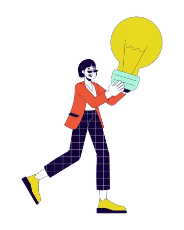 Excited Businesswoman Holding Lightbulb 2 D Linear Cartoon Character Showing Idea Korean Young Woman Isolated Line Vector Person White Background Creativity Marketing Color Flat Spot Illustration Illustration