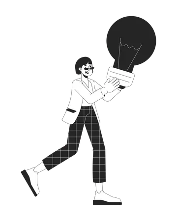 Excited Businesswoman Holding Lightbulb Black And White 2 D Line Cartoon Character Showing Idea Korean Young Woman Isolated Vector Outline Person Creativity Monochromatic Flat Spot Illustration Illustration