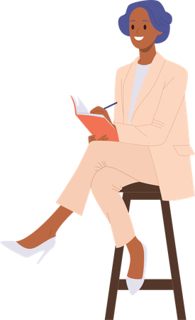 Excited businesswoman sitting on chair writing notes  Illustration