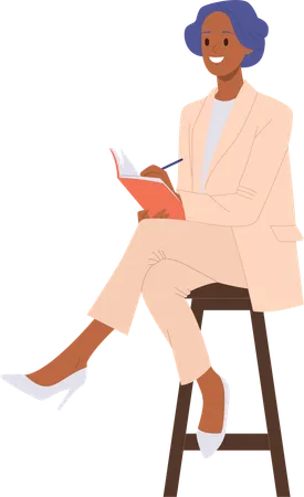 Excited businesswoman sitting on chair writing notes  Illustration