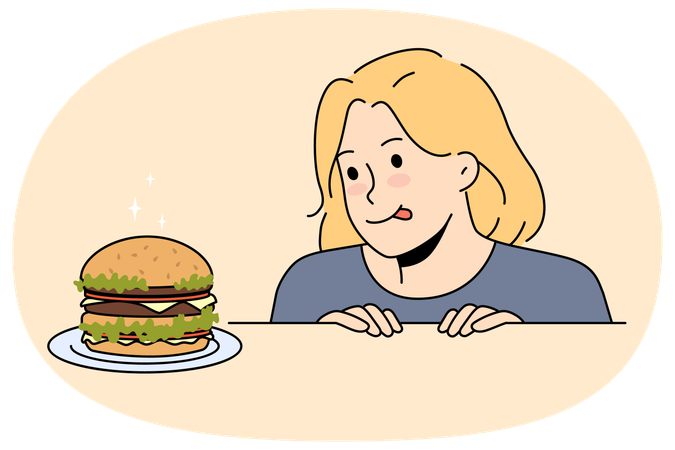 Excited child look at delicious burger on table  Illustration