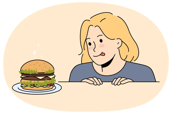Excited child look at delicious burger on table  Illustration