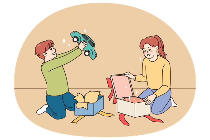 Excited children open boxes with presents  Illustration
