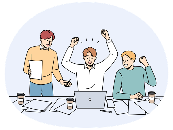 Excited colleagues celebrate work success on laptop  Illustration