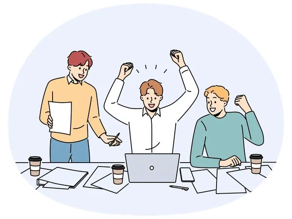 Excited colleagues celebrate work success on laptop  Illustration