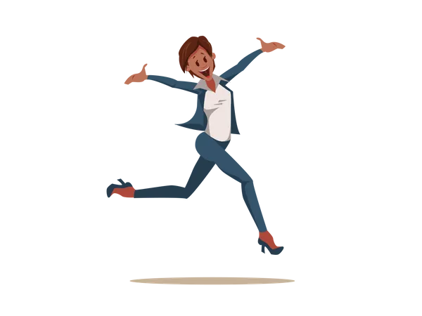 Excited Coworker Woman Wearing Pantsuit Jump Up Illustration